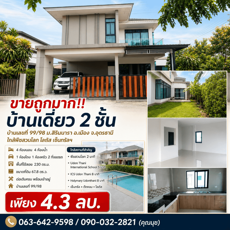ขายถูกมาก!! บ้านเดี่ยว 2 ชั้น บ้านเลขที่ 99/98 ม.สิรินนารา อ.เมือง จ.อุดรธานี ใกล้พืชสวนโลก โลตัส เซ็นทรัลฯ 4
