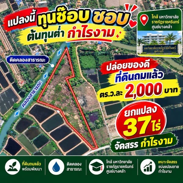 ขายที่ดินเมืองแปดริ้ว ถมแล้ว 37 ไร่ หน้าติดถนน-หลังติดคลอง ทำเลทองศูนย์บางคล้า ฉะเชิงเทรา